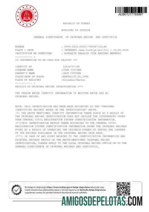 Certificado de Registo Criminal do Ministério da Justiça da Turquia baixar para verificação